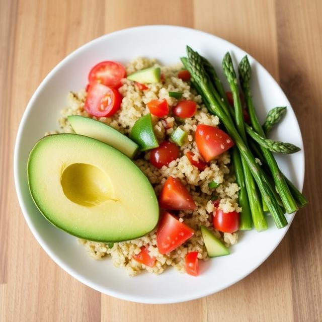 Almuerzo: Ensalada de quinoa con aguacate tomate y espárragos al vapor