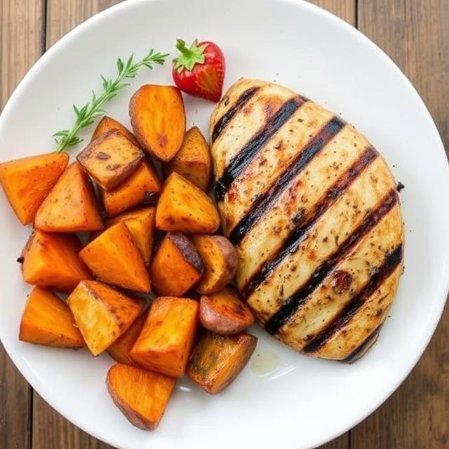 Cena: Pollo a la parrilla con batatas asadas