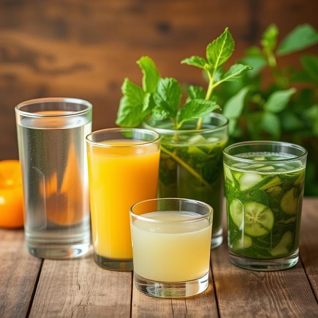 Líquidos agua tés herbales jugos naturales y caldos de verduras